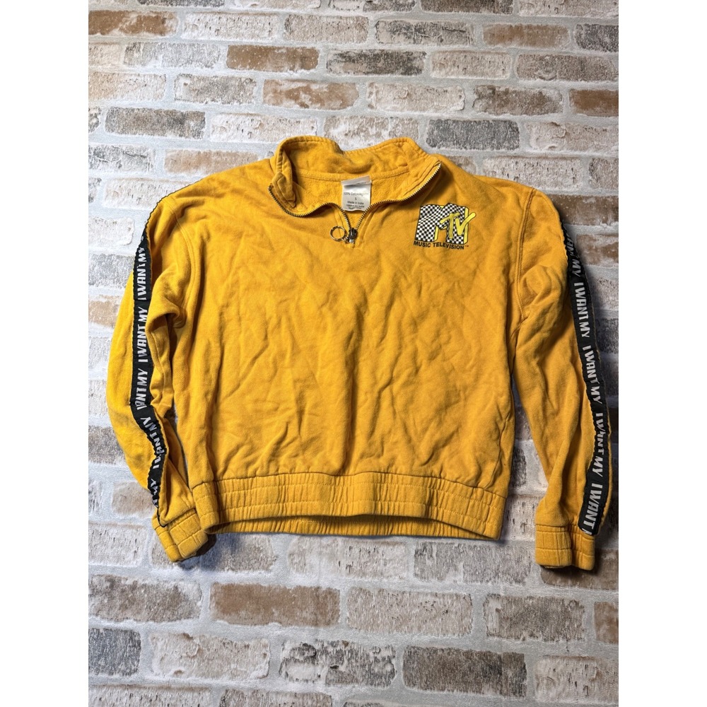 MTV Quarter Zip Sweatshirt Yellow Cropped Checkerboard Logo Tape Sleeve Small